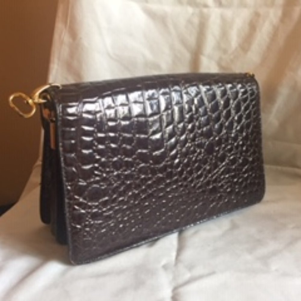 Shiny Crocodile Embossed Dark Brown Bag/Clutch